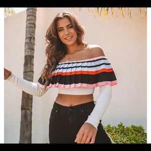 VALLEY GIRL PLEATED KNIT OFF THE SHOULDER TOP